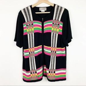 Vintage Joan Leslie Zip Up Cardigan L Large Black Knit Short Sleeves Hong Kong